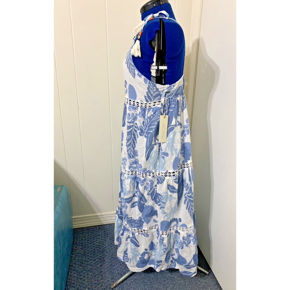 Rachael Zoe Linen Blend Dress Medium Blue Floral Print Tiered Midi Resort Beachy - Picture 2 of 9